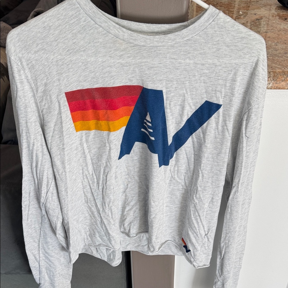 Aviator Nation Gray Long Sleeve Tee with Multicolor Logo